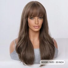 浅棕色波浪发 20 英寸带刘海合成假发，适合女士约会派对度假节日自然浪漫优雅简约休闲万圣节圣诞节角色扮演服装耐热假发 - 棕色 - 查看 4
