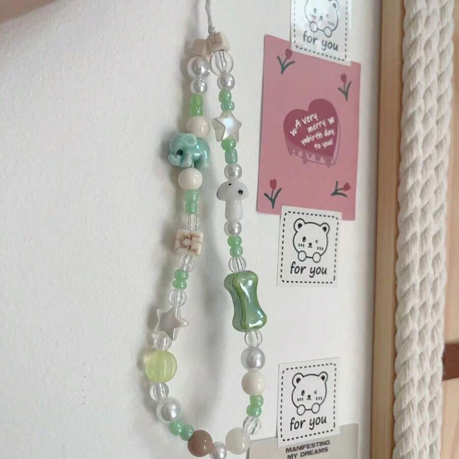 夏日風格綠色大象ccd相機帶,diy手工藝品,配有串珠線,適用於即拍相機、手機殼吊飾裝飾 - 綠色小象掛繩 - 查看 1