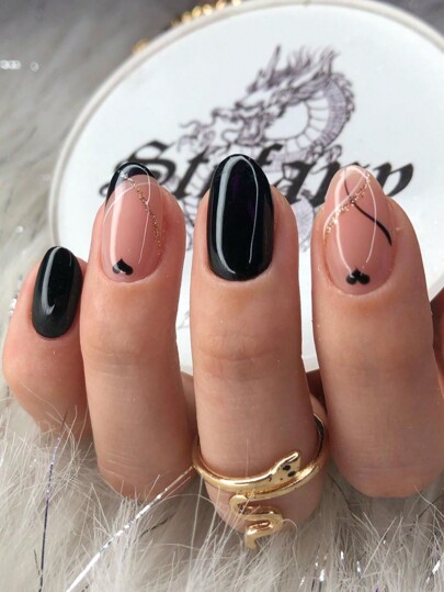 Upgrade Your Press-On Nail Style With 24Pcs Short Water Drop Shaped Black Nails With Faux Pearl Glitter And Stripes Design. European Style Full Set Of Reusable Nails With 1 Jelly Glue And 1 Nail File, Suitable For Parties, Dances And Daily Wear. Nail Supplies Nails