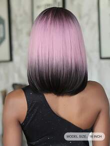 16英寸紫粉漸變黑色短直合成假髮,帶彈性燙假髮毛短髮前瀏海,適合女性日常cosplay派對 - 彩色 - 查看 8