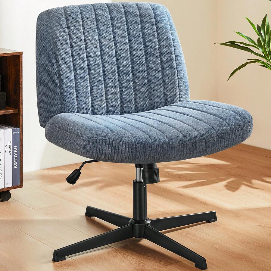 Sweetcrispy Office Chair, Armless Wide Desk Chair No Wheels, Modern Home Office Desk Chair Swivel Adjustable Fabric Vanity Chair - 藍色 - 查看 1