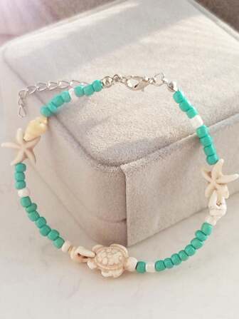 European And American Style Sea Snail, Bead, Turtle, Starfish Detail Anklet For Beach And Casual Wear, Handmade, Unisex Couples' Accessories