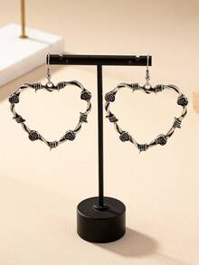 1對幾何大心形&藤蔓&花卉吊墜歐式時尚優雅高級耳釘 - 銀色 - 查看 1