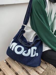 KVKY 1個帶字母細節的牛仔布手提袋頂把手提肩包女學生書包女士手提包學校書包適合畢業生,青少年女孩,新生,二年級,初中生和高中生,適合戶外,旅行和返校