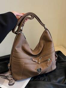 这是一款能满足您各种需求的女士手提包。适合秋冬季、大学生、通勤、校园风格背包、时尚复古女士手提包、纯色、可折叠、带金属装饰、容量大、便携、多隔层、女士单肩包、百搭单肩包、休闲女士经典背包、可调节肩带女士购物袋、适合商务/通勤/节日/度假/约会礼物的手提包 - 咖啡棕 - 查看 7