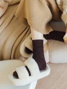 1 雙女時尚純色羊絨條紋薄中筒襪,簡約風格,咖啡棕色 - 咖啡棕 - 查看 6