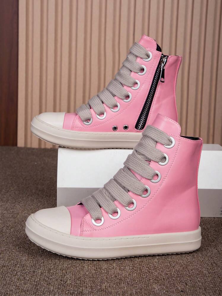 Zipper side lace up pu sneakers sales