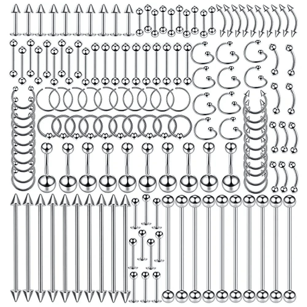 150pcs Stainless Steel Basic Daily Body Piercing Jewelry Set, Unisex, Fashionable And Simple