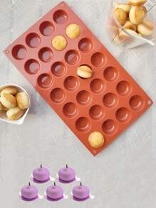 1pc/3pcs/5pcs 28-Hole Flat Round Silicone Cake/Dessert/Jelly/Chocolate Mold, Brick Red, DIY Baking Tool