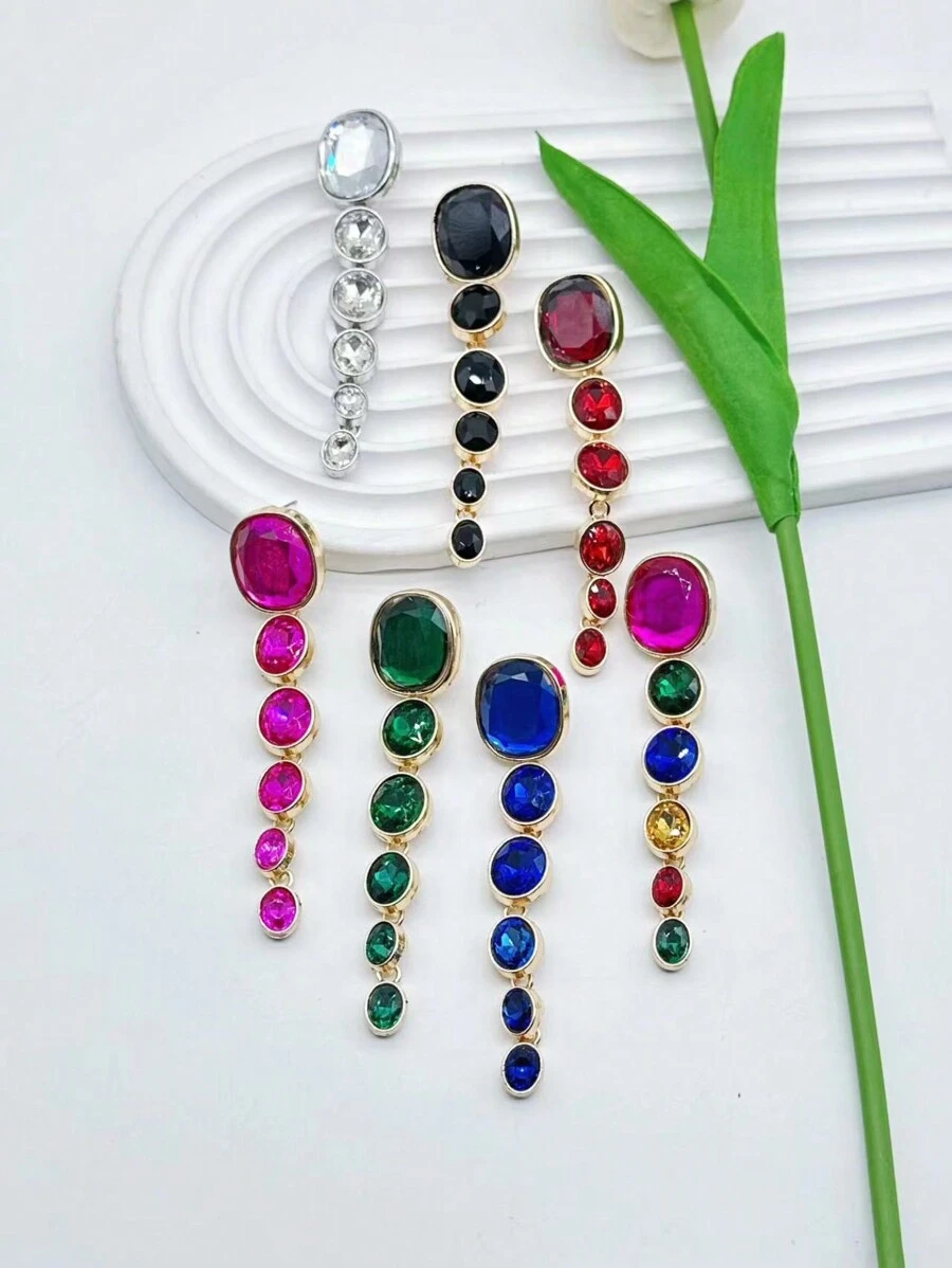 一雙歐美風格合金鑲嵌亞克力寶石橢圓拼接長吊墜耳環女士派對街拍日常配飾