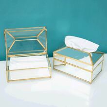 1pc Creative Luxury Glass Tissue Box With Mirror Surface, Transparent Dustproof Napkin Holder For Home, Hotel, Restaurant, Bathroom Storage Organizer - Beige - View 5