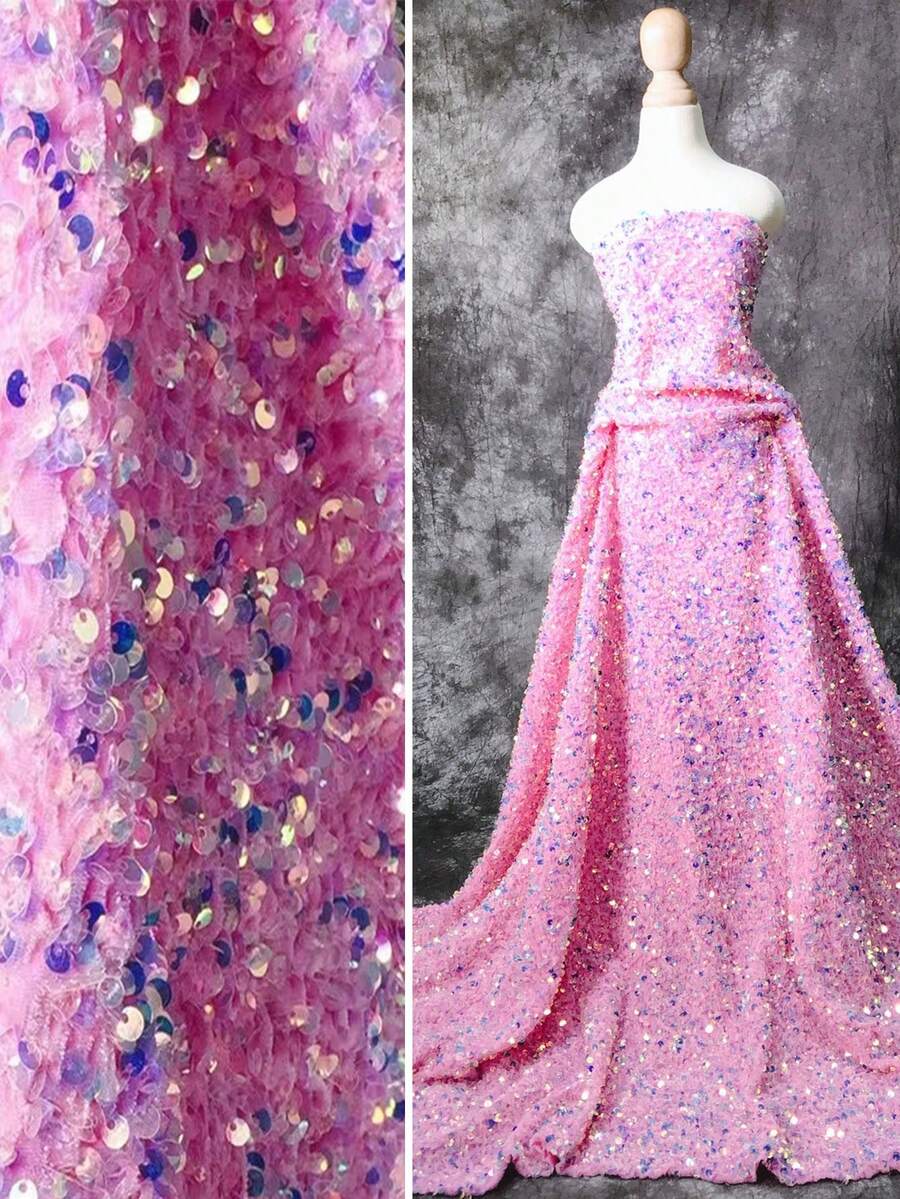 3d刺繡亮片彈力絨面布,適用於創意手工婚紗、正式裙子、窗簾面料設計 - 粉色 - 查看 1