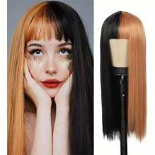 Peluca Mitad Rubia Mitad Negra Pelo Largo Y Recto Con Flequi - Dorado - Ver 2