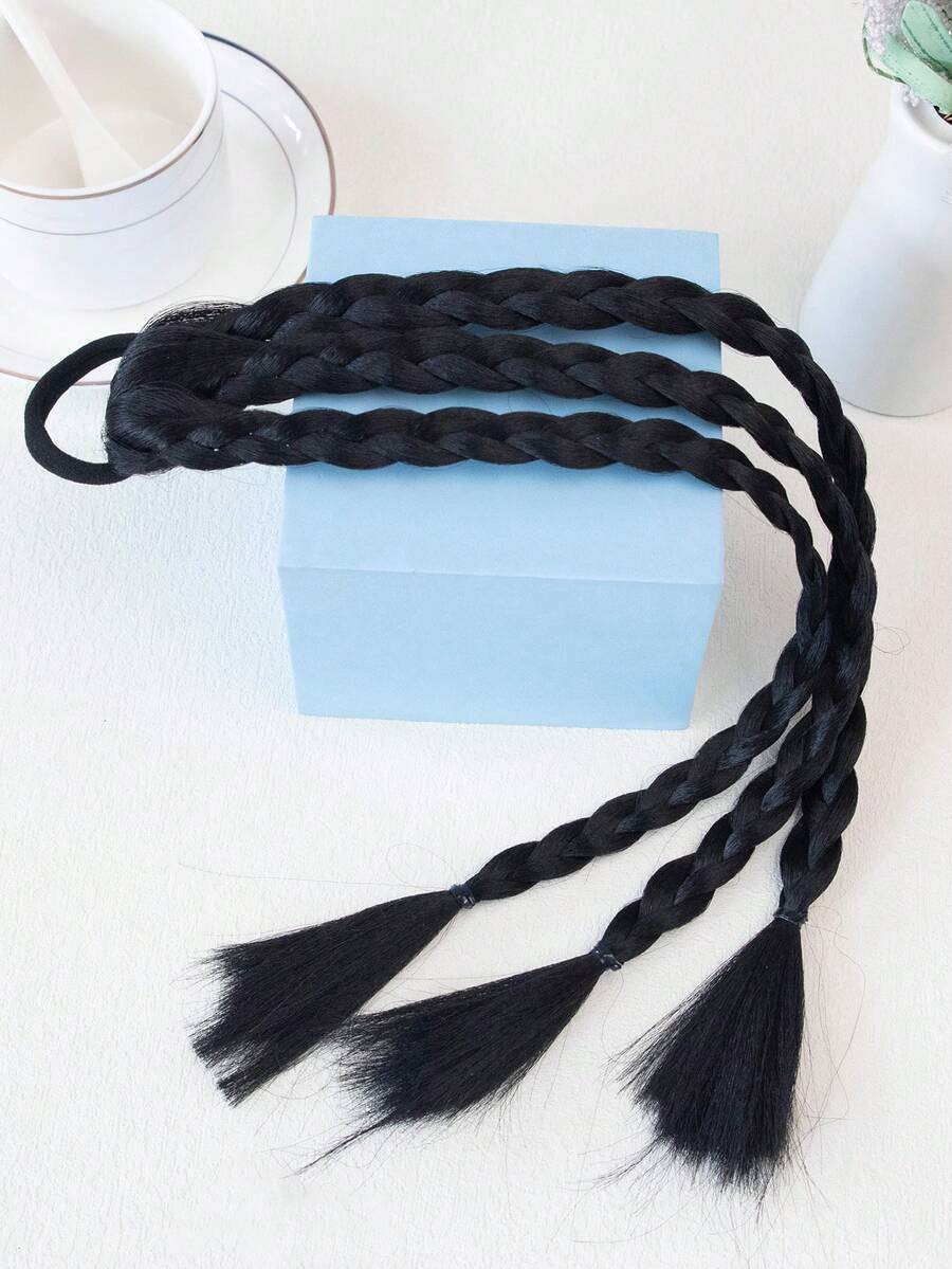 1 件自然黑色 3 股女孩辮子接髮,2 公分寬毛巾環髮帶,馬尾髮型配件