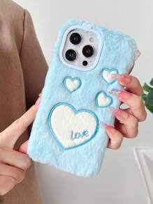 藍色全套毛絨手機殼-愛心系列保護殼，適用於iPhone 15 Pro Max，三星 S23u，小米，OPPO，VIVO，摩托