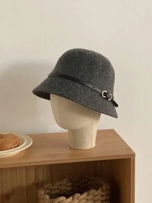 1pc Women Vintage Elegant Warm Wool Blend Bucket Hat With Leather Belt Buckle, Suitable For Daily Wear, Weekend Gathering, Gift For Girlfriend, Christmas Gift - Grey - View 6