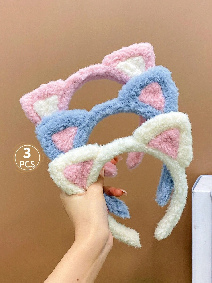 3pcs Girls' Cute Plush Cat Ear Headband In Candy Colors - Multicolor - View 1