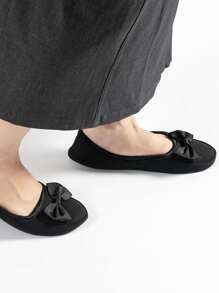Women's Japanese-style Foldable Shoes, Portable With Storage Bag, Bowknot Slippers, Noiseless Floor Socks Shoes, Soft-soled Shoes For Driving, Students, Traveling And Library Use, Flat Heels With Elastic Strap - Black - View 9