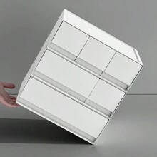 一個白色3個格子的桌面收納盒,帶有抽屜和化妝品收納架,適用於辦公桌、文具桌櫃等多種場合,可用於化妝台收納 - 白色 - 查看 4