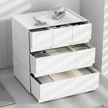 一個白色3個格子的桌面收納盒,帶有抽屜和化妝品收納架,適用於辦公桌、文具桌櫃等多種場合,可用於化妝台收納 - 白色 - 查看 2