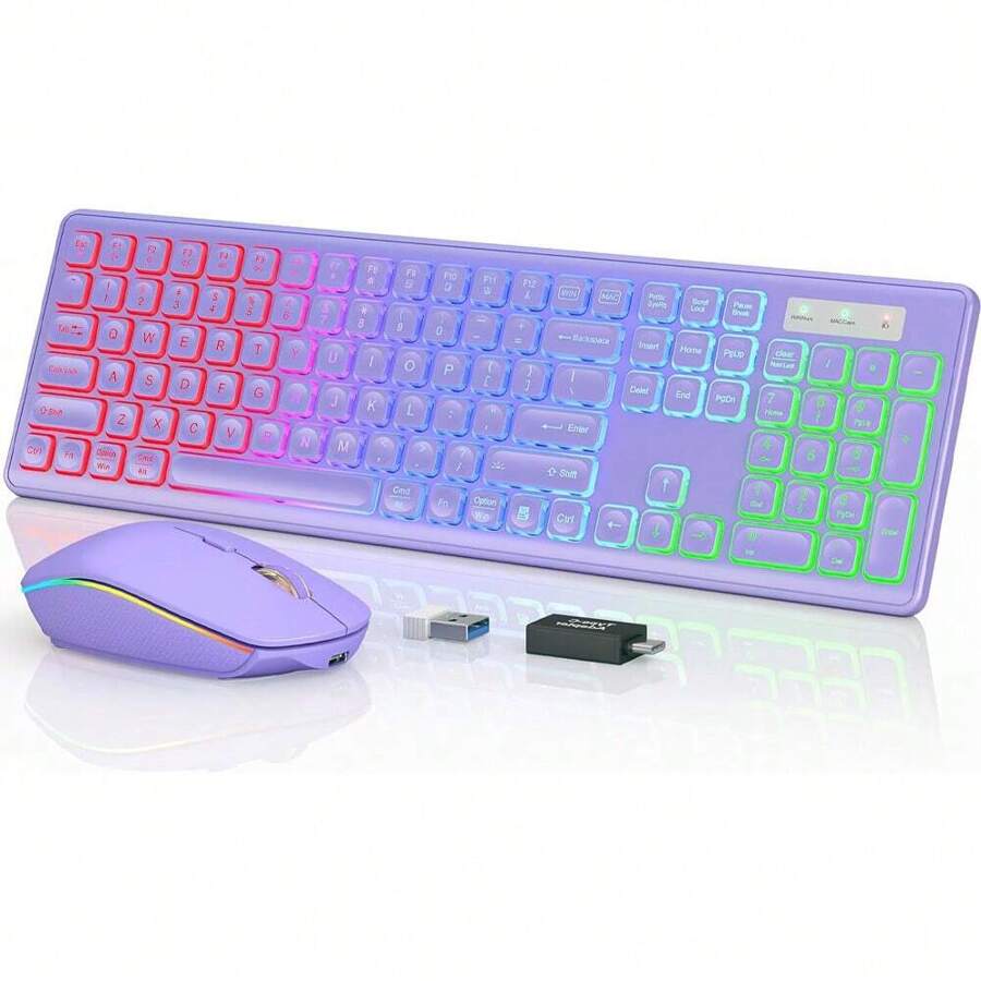 Purple Wireless Keyboard And Mouse Combo RGB Backlit, Rechargeable