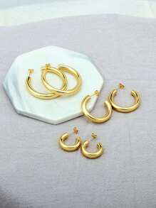 3sets Stainless Steel Minimalist C Circle Stud Earrings For Women, 14k