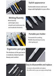 Pluma De Herramienta Multifuncional Para Exteriores Con Nivel De Burbuja, Regla, Pluma De Pantalla Táctil, Destornillador De Cabeza Cruzada / Plana Y Bolígrafo - Plateado - Ver 3