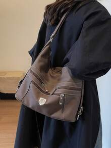 这是一款能满足您各种需求的女士手提包。适合秋冬季、大学生、通勤、校园风格背包、时尚复古女士手提包、纯色、可折叠、带金属装饰、容量大、便携、多隔层、女士单肩包、百搭单肩包、休闲女士经典背包、可调节肩带女士购物袋、适合商务/通勤/节日/度假/约会礼物的手提包 - 咖啡棕 - 查看 6