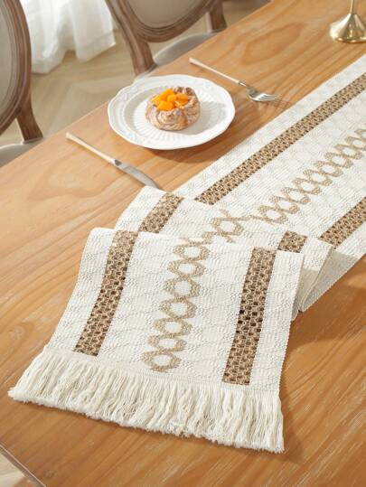 1pc Linen Vintage Woven Macrame Fringe Table Runner, Rustic Lace Table Scarf, Crochet Table Runner For Coffee Table, Cabinet, TV Stand, Dining Room, Home Decor, Parties, Weddings