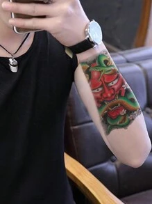 2張裝麒麟龍半諾骷髏花臂紋身貼防水男大圖臨時紋身15-21cm - 彩色 - 查看 3