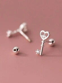 1pair Unique 925 Sterling Silver Single Cubic Zirconia Heart & Key Design Stud Earrings For Men And Women Daily Wear Valentines