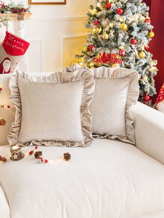 1pc Italian Velvet Ruffled Throw Pillow Cover, Excludes Pillow Insert, Warm Winter