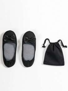 Women's Japanese-style Foldable Shoes, Portable With Storage Bag, Bowknot Slippers, Noiseless Floor Socks Shoes, Soft-soled Shoes For Driving, Students, Traveling And Library Use, Flat Heels With Elastic Strap - Black - View 1
