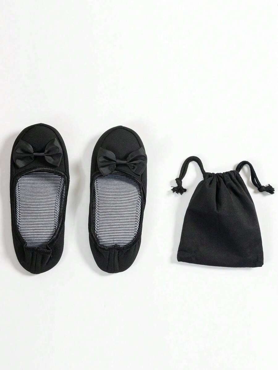 Women's Japanese-style Foldable Shoes, Portable With Storage Bag, Bowknot Slippers, Noiseless Floor Socks Shoes, Soft-soled Shoes For Driving, Students, Traveling And Library Use, Flat Heels With Elastic Strap - Black - View 1