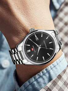 商務男士手錶va Va Voom 2023全新不銹鋼藍黑防水錶,休閒時尚精品英式石英手錶 - 黑色 - 查看 5