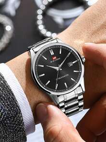 商務男士手錶va Va Voom 2023全新不銹鋼藍黑防水錶,休閒時尚精品英式石英手錶 - 黑色 - 查看 1