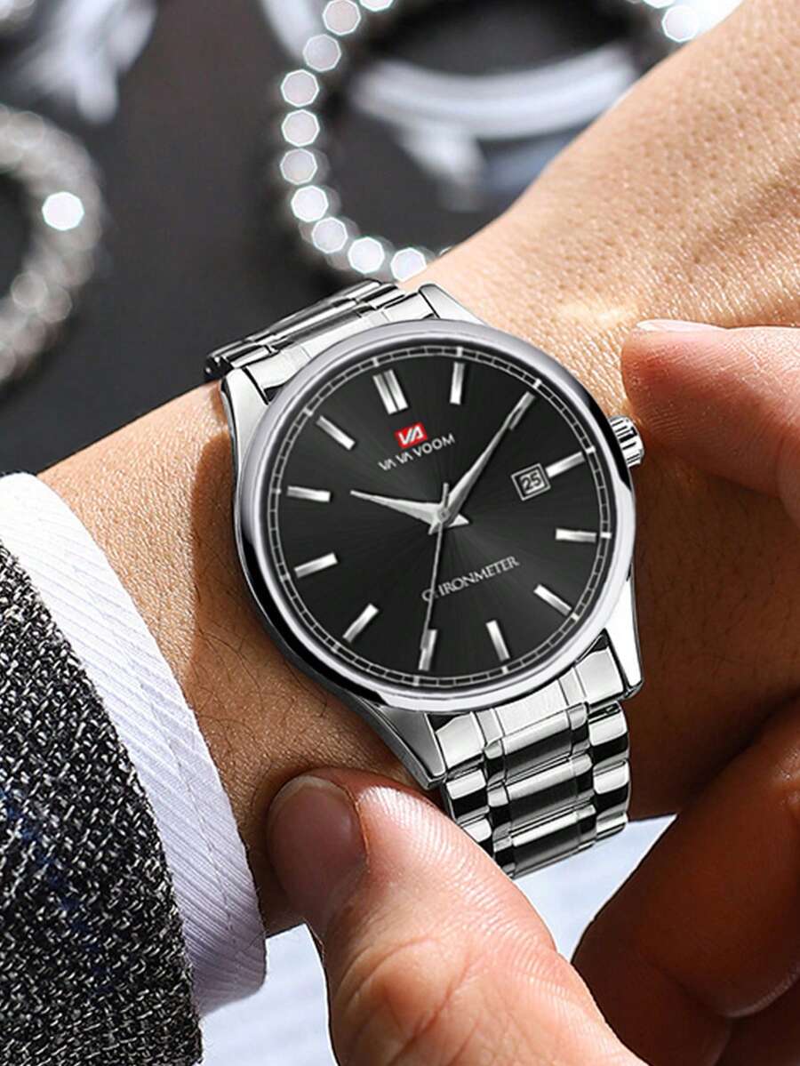商務男士手錶va Va Voom 2023全新不銹鋼藍黑防水錶,休閒時尚精品英式石英手錶 - 黑色 - 查看 1