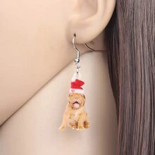 1 對可愛亞克力聖誕帽法國鬥牛犬耳環沙皮狗吊墜珠寶適合愛狗人士女士女孩吊飾禮物