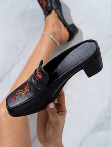 女式英式刺繡木屐鞋,方頭,高跟,黑色,休閒款 - 黑色 - 查看 4