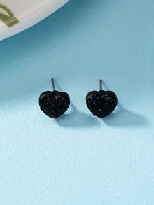 1pair Gorgeous Women's Heart Shaped Metal Stud Earrings With Red Drills & Black Enamel - Black - View 7