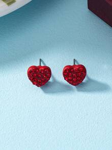1pair Gorgeous Women's Heart Shaped Metal Stud Earrings With Red Drills & Black Enamel - Black - View 3