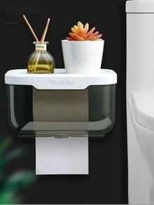 1pc Transparent Gray Bathroom Tissue Box Wall Mounted Waterproof Toilet Paper Holder Storage Shelf - Transparent gray - View 1