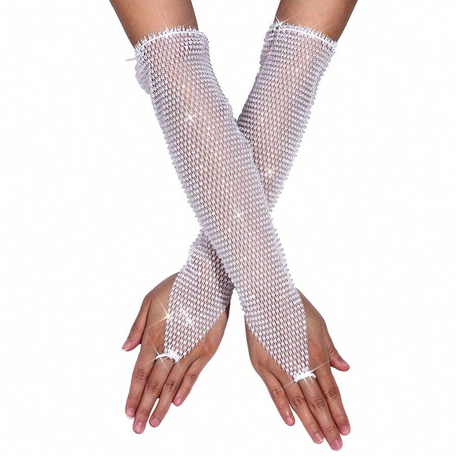 Victray Rhinestone Fingerless Gloves Stretchy Fishnet Gloves Sparkle Long Gloves Party Rave Costume Gloves For Women And Girls - 白色 - 查看 1