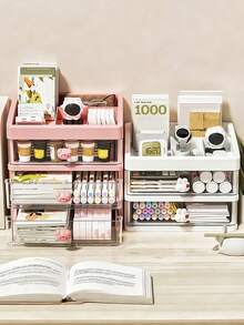 1個可愛的桌面抽屜風格文具收納盒,白色/粉色透明視窗家用化妝品整理盒,桌上筆筒/學生必備品 - 彩色 - 查看 8