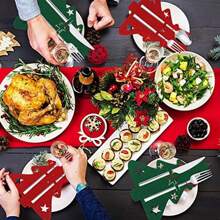 10 pièces Set organisateur de couvert de Noël, Sac de rangement de couverts, Set de couteau et fourchette en forme d'arbre de Noël, Convient pour la décoration de table de fête de Noël, décoration de table et cadeaux de Noël - Rouge - Voir 2