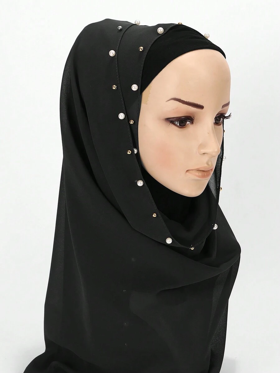 1 珍珠飾釘雪紡圍巾 - 黑色 - 查看 1