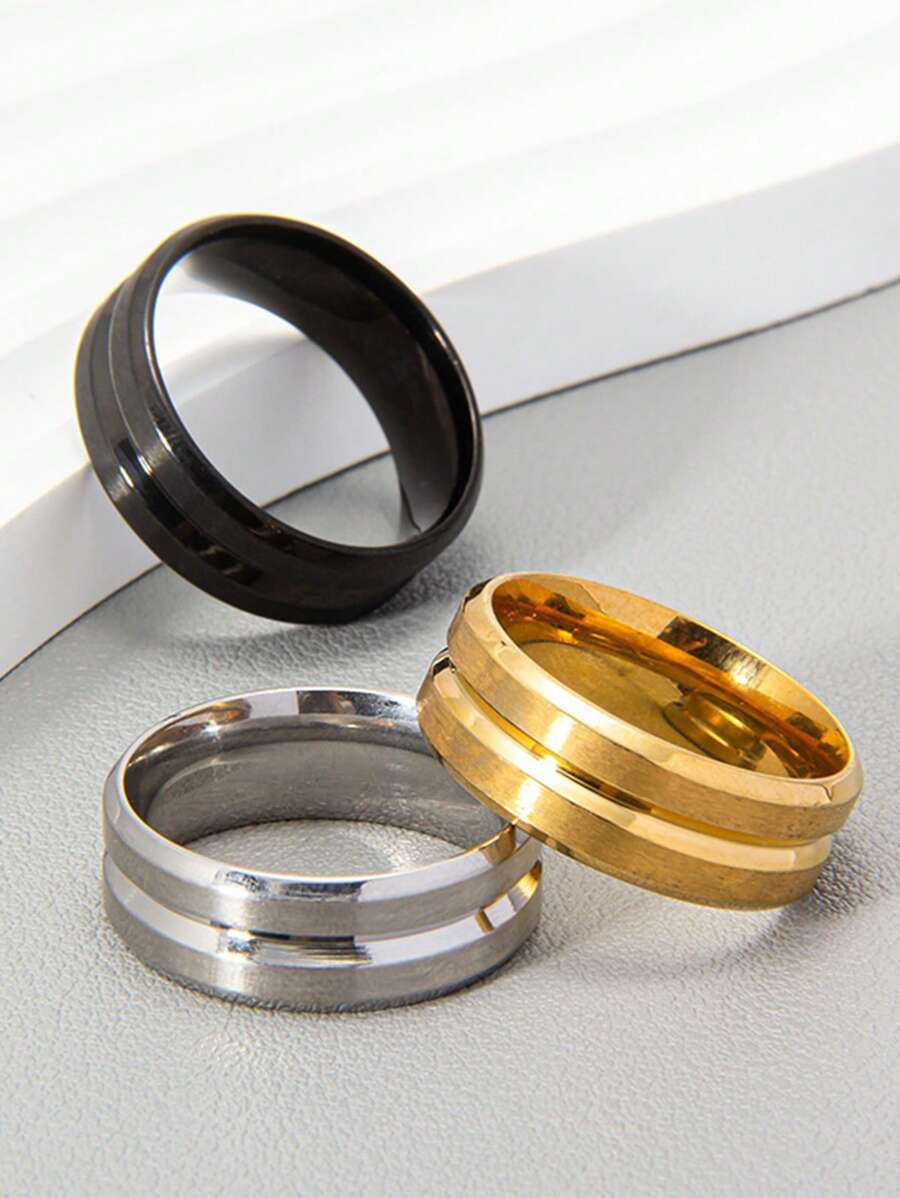 1pc 8mm Wide Matte Stainless Steel Men's Ring With Grooved Middle Section - Style 1 - View 1