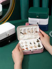 豪華女士小型簡約pu項鍊戒指耳環口紅收納盒,便攜式珠寶首飾包裝盒禮盒旅行珠寶盒 - 粉色 - 查看 2