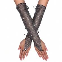 Victray Rhinestone Fingerless Gloves Stretchy Fishnet Gloves Sparkle Long Gloves Party Rave Costume Gloves For Women And Girls - 黑色 - 查看 1