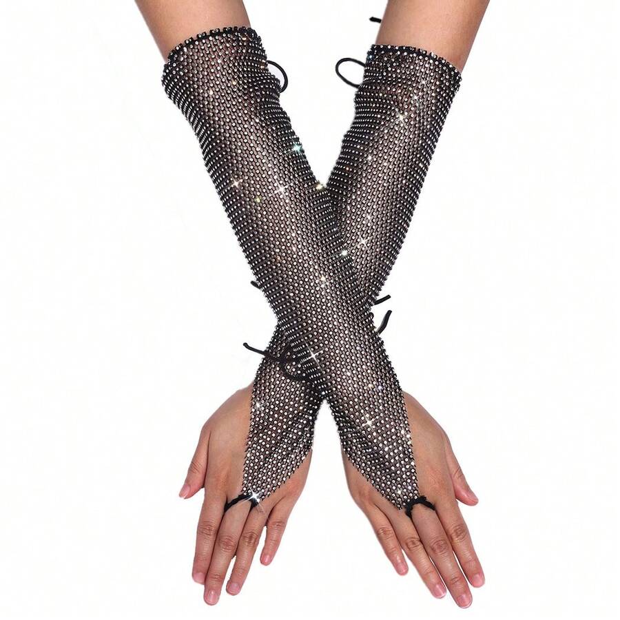 Victray Rhinestone Fingerless Gloves Stretchy Fishnet Gloves Sparkle Long Gloves Party Rave Costume Gloves For Women And Girls - 黑色 - 查看 1